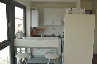 kitchen, fridge, 2 bar stools, windows troughout