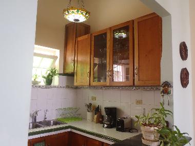 Kitchen provided with electric appliances, cookware and dinner service.